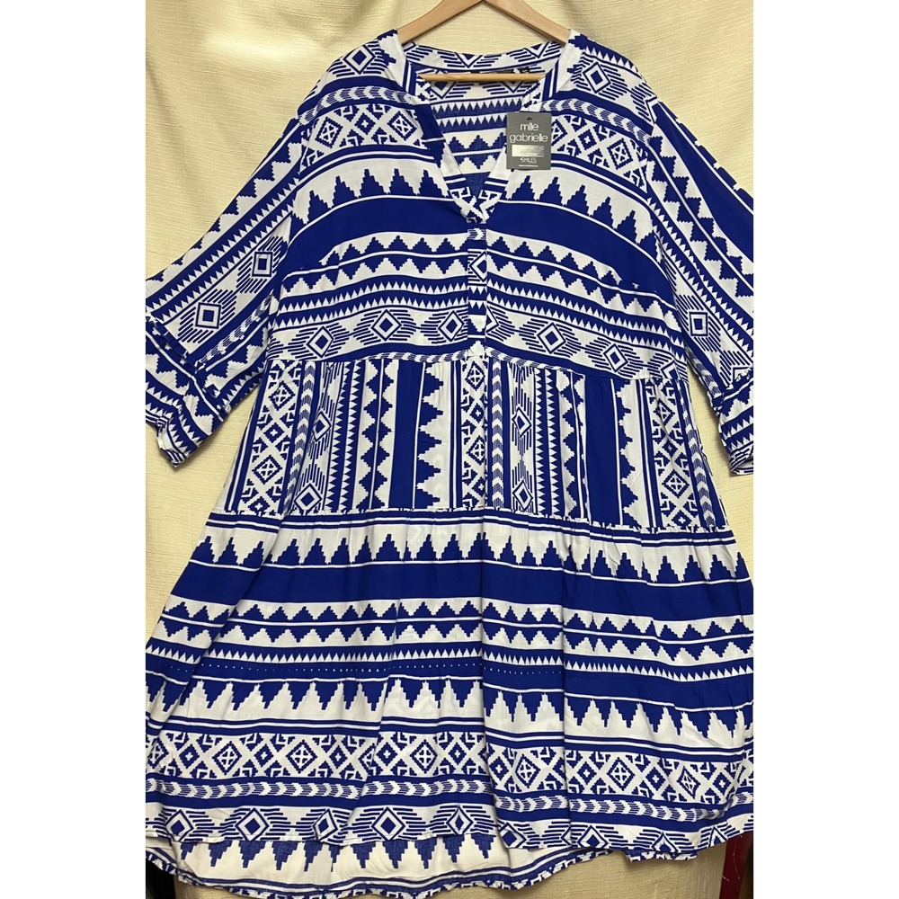 Mlle Gabrielle Dress Women 3X Blue White NWT Tribal Geometric Tiered Babydoll